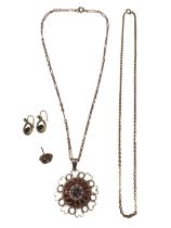9ct gold garnet and seed pearl pendant, two 9ct gold chains, one 9ct gold citrine stud earring and p
