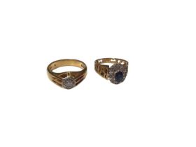 Two 18ct gold rings to include a diamond signet ring and a sapphire and diamond cluster ring (2)