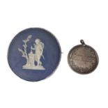 Jasperware porcelain disc in a white metal brooch mount and a white metal medallion dated 1844