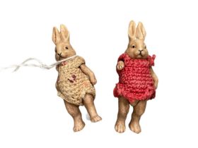 Two Hertwig bisque Rabbits in crochet dress, German circa 1910, brown rabbits with painted features