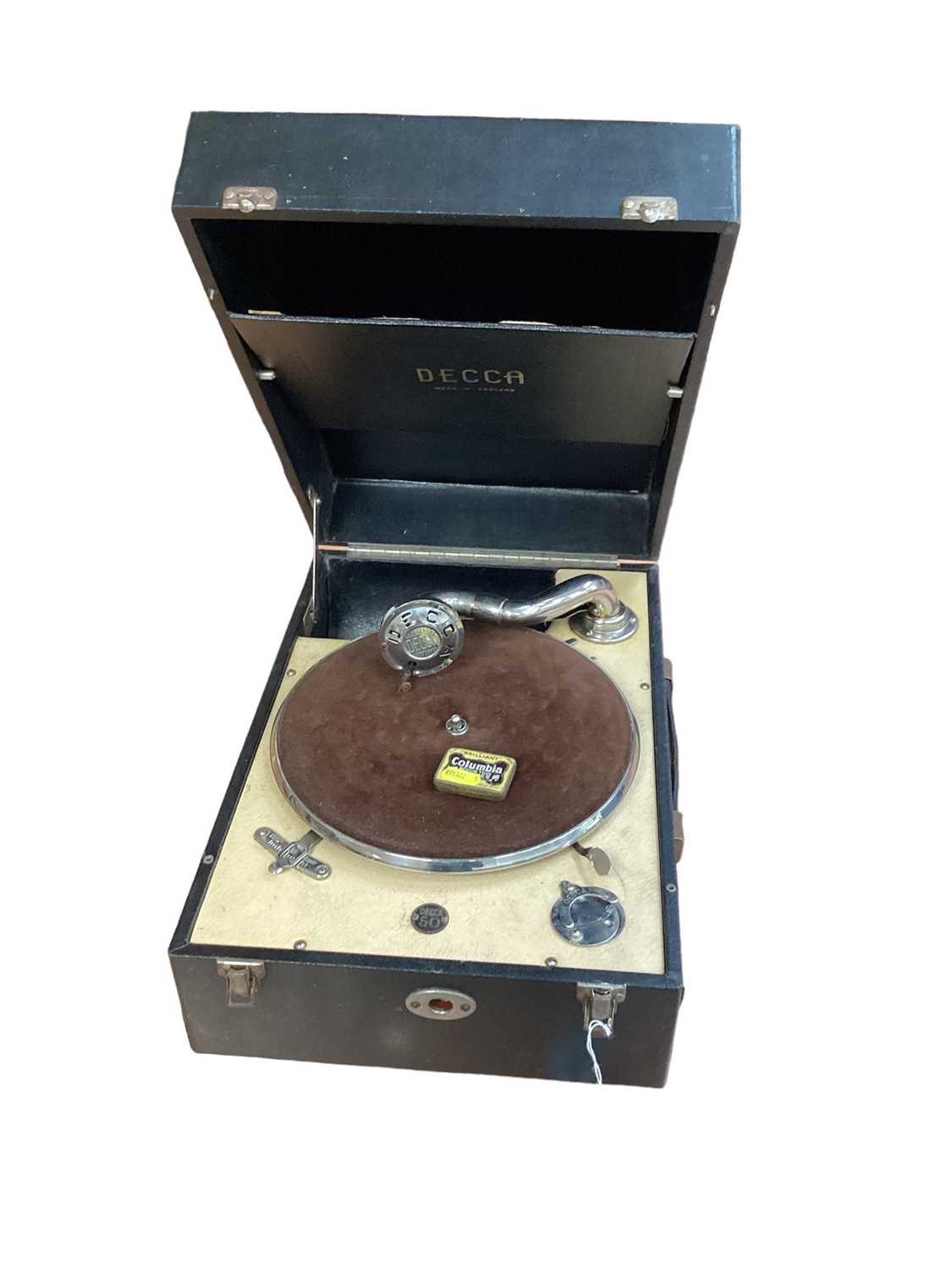 Decca 50 windup gramophone with original soundbox and Columbia needle tin plus a few 78s