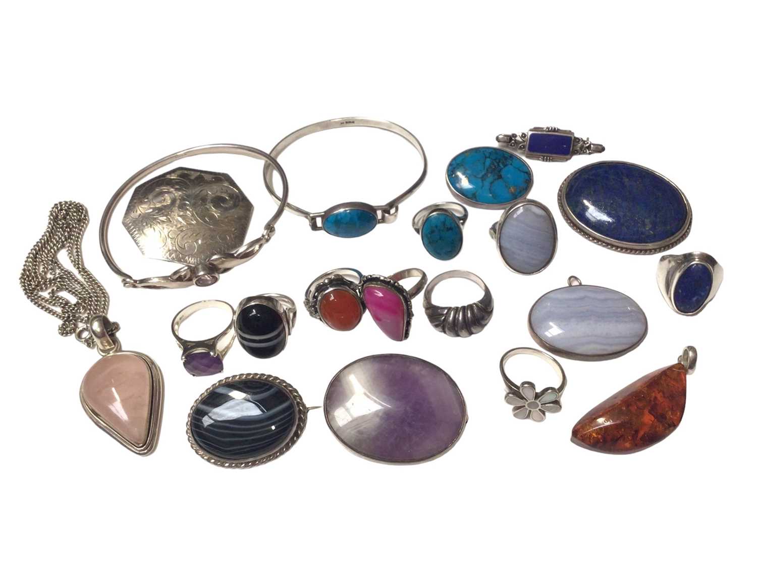Group of silver and white metal jewellery set with semi-precious gemstones