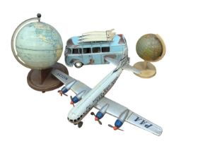 Tinplate Pan American World Airways aeroplane made in Western Germany, two tinplate World Globes one