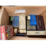 Box of vintage shaving equipment including razors, shaving brush, etc, mostly boxed