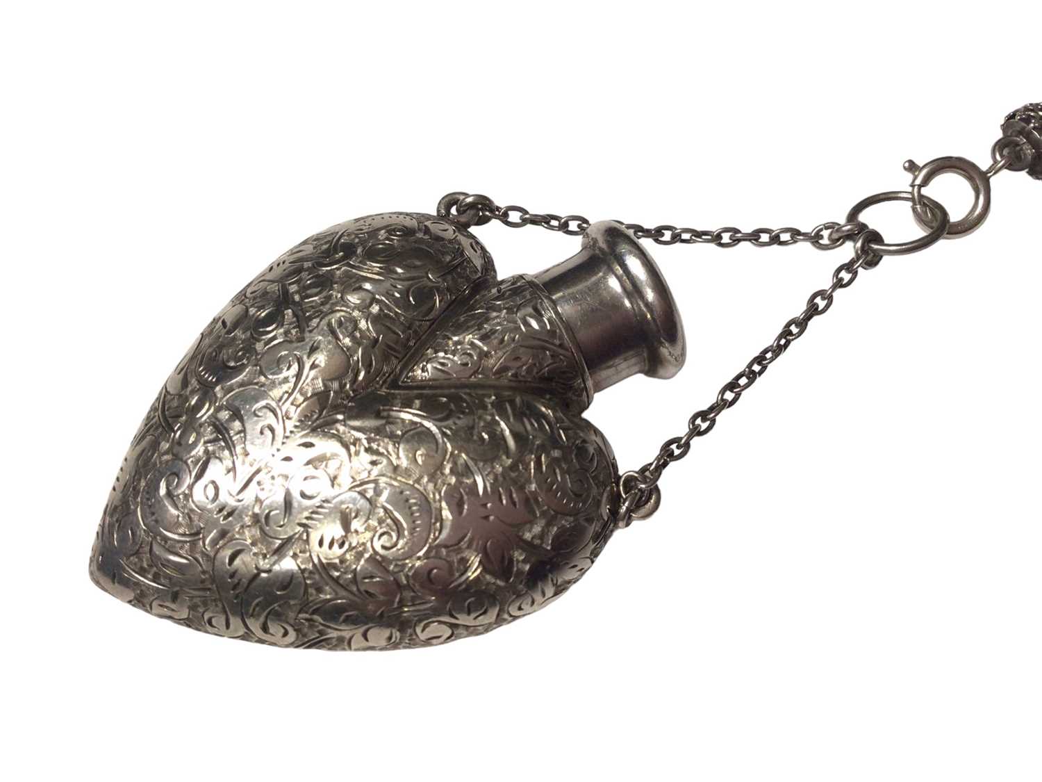Late Victorian silver heart shaped scent bottle with engraved foliate decoration by Sampson Mordan, - Image 2 of 7