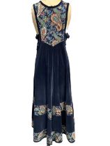 1970s designer Anna Belinda handmade Oxford navy velvet and flora print pinafore maxi dress