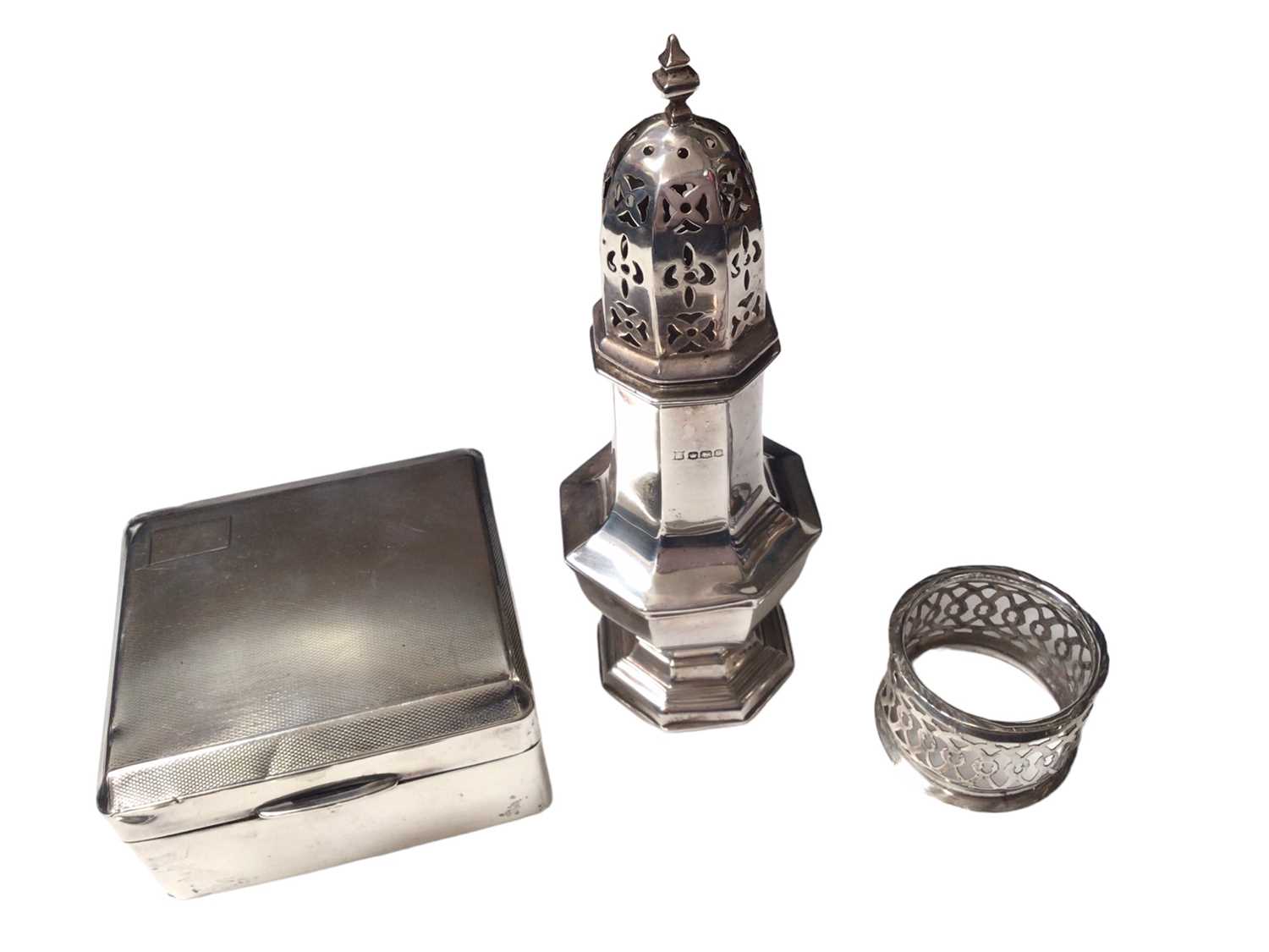 Group of silver to include pair of Georgian tablespoons, three teaspoons, cigarette box, octagonal s - Image 2 of 6
