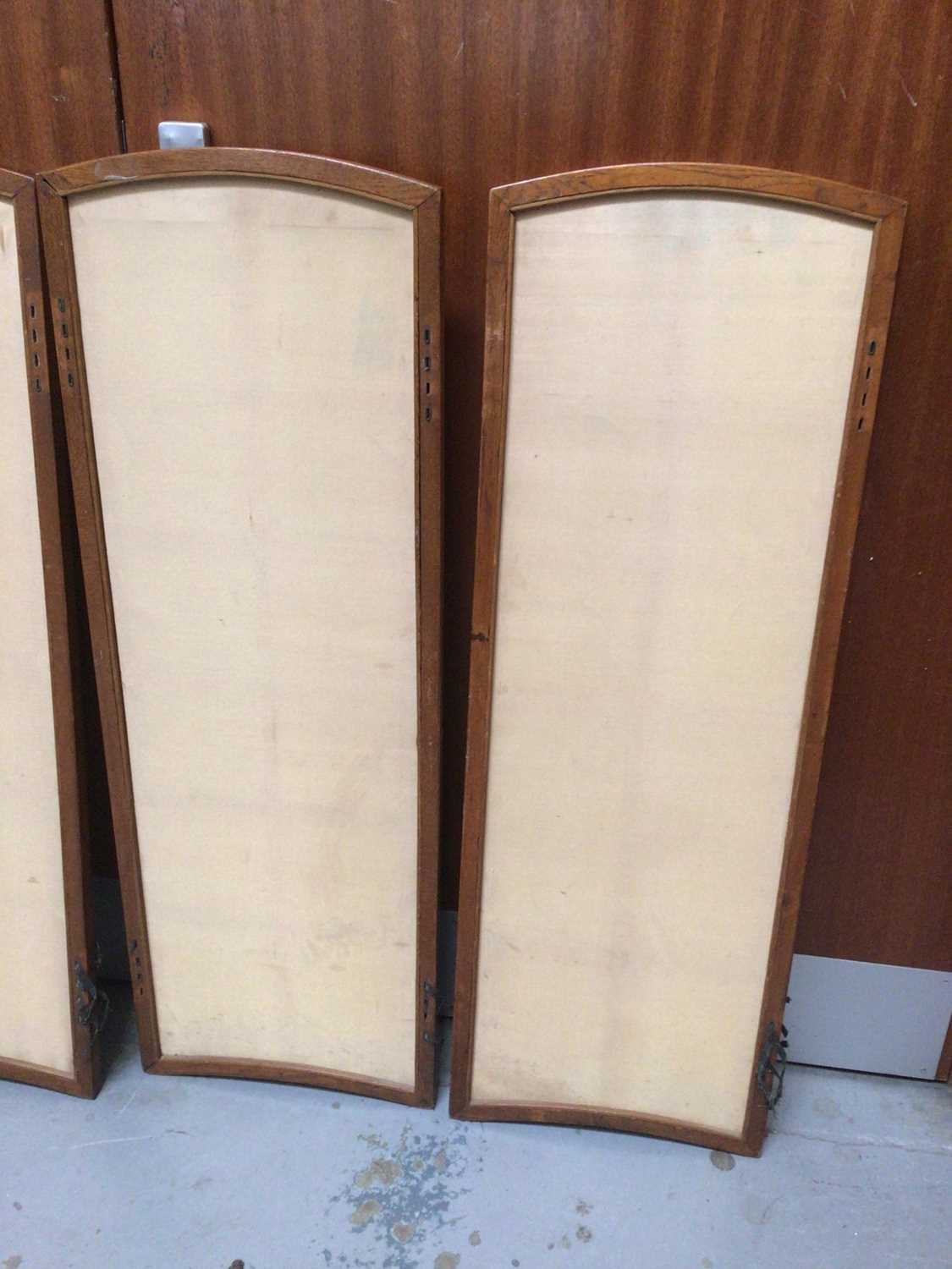 Four Japanese embroidered silk panels in oak interlacing frames making up a small folding screen, mu - Image 8 of 21