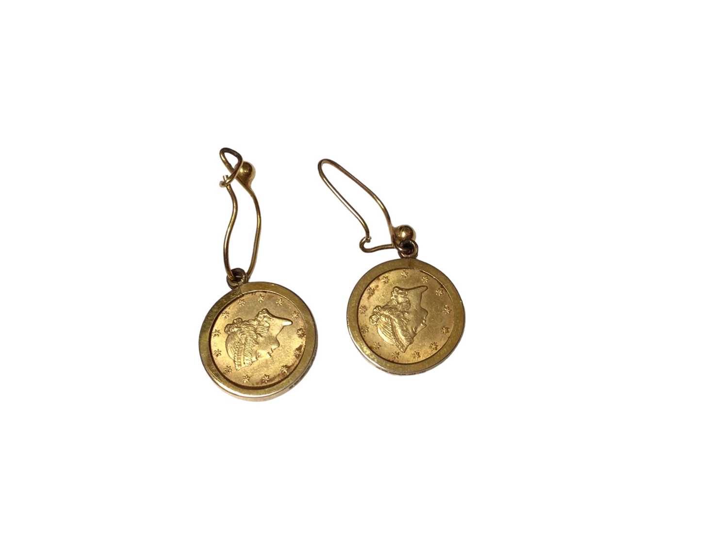 Pair of 19th century American 1 Dollar coins, 1853, in gold earring mounts - Image 2 of 2