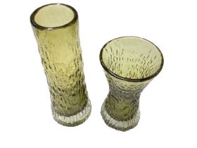 Two Whitefriars Sage green vases, 20cm and 15cm high