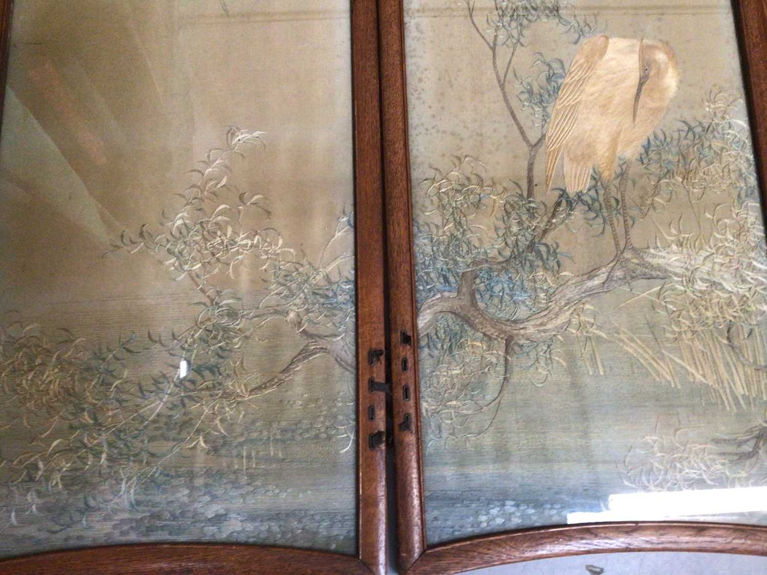 Four Japanese embroidered silk panels in oak interlacing frames making up a small folding screen, mu - Image 2 of 21