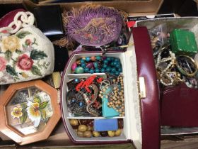 Group of costume jewellery including various bead necklaces, two Butler & Wilson beaded evening bags