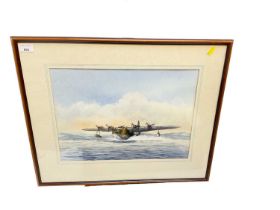 Aviation watercolour of a Sunderland flying boat, mounted in glazed frame, 43.5 x 32cm
