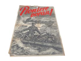 Second World War German Poster- 'Pioniere Doran! Depicting Wehrmacht troops in landing craft', Erasm