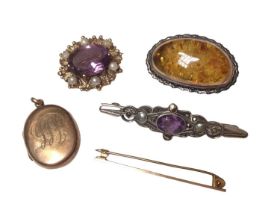 9ct gold and amethyst and seed pearl brooch, 9ct gold locket, 9ct gold tie pin and two silver brooch