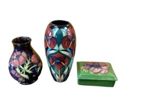 Moorcroft vase by Rachel Bishop, Moorcroft Anemone pattern vase and a Moorcroft trinket box and cove