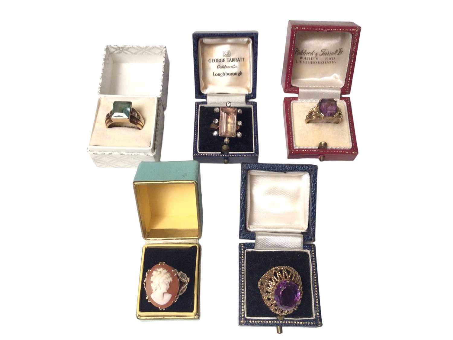Five gold and gem set cocktail rings
