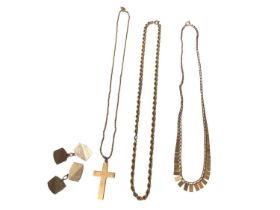 Group of 9ct gold jewellery to include a pair of cufflinks, cross pendant on chain, rope twist chain