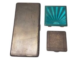 Silver cigarette case (Birmingham 1951), a silver and enamel powder compact and one other white meta