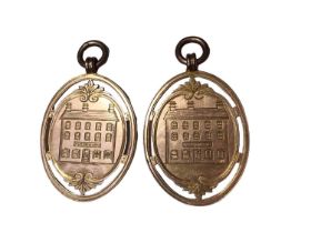 Pair of unusual 9ct gold publicans' pendant fobs engraved with the Fforchneol Arms