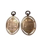 Pair of unusual 9ct gold publicans' pendant fobs engraved with the Fforchneol Arms