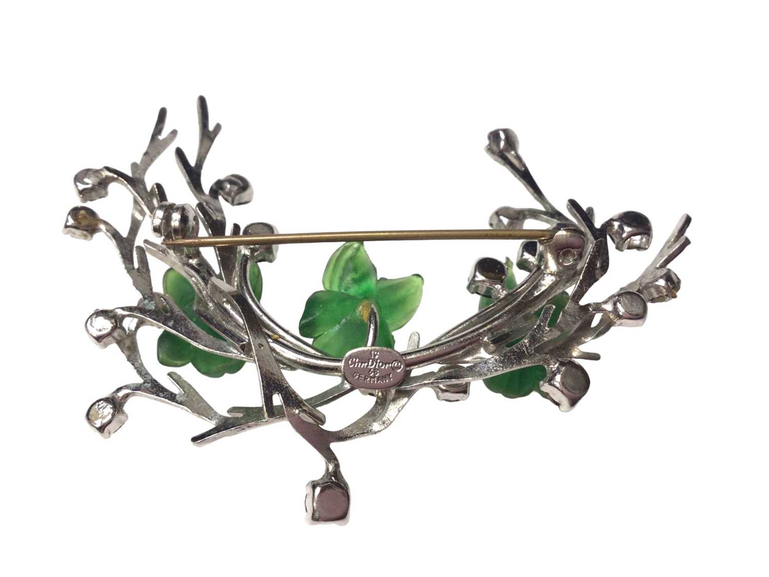 1960s Christian Dior paste set floral spray brooch with three green lucite flowers, 6.5cm - Image 2 of 2