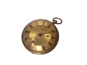 14ct gold cased fob watch with gilt dial, Roman numeral markers and subsidiary seconds, 40mm diamete