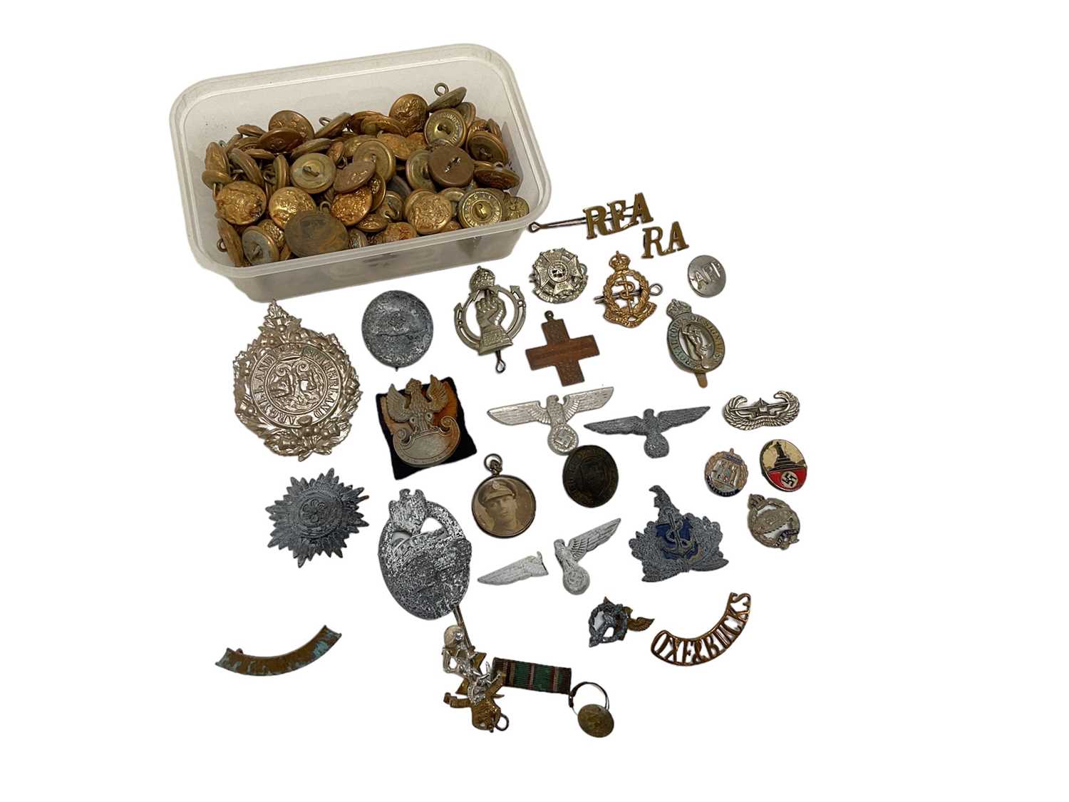 Second World War Polish Wartime economy issue plastic cap badge, group of Nazi badges and other mili