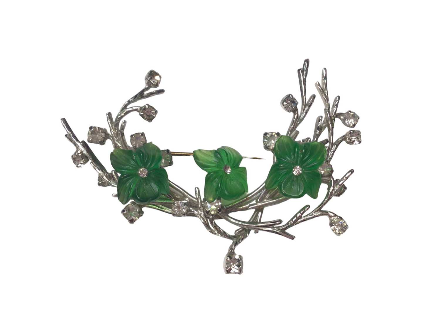 1960s Christian Dior paste set floral spray brooch with three green lucite flowers, 6.5cm