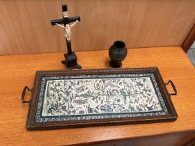 A carved bone Christ on wooden crucifix, together with a Chinese bronze vase and a printed Chinese t