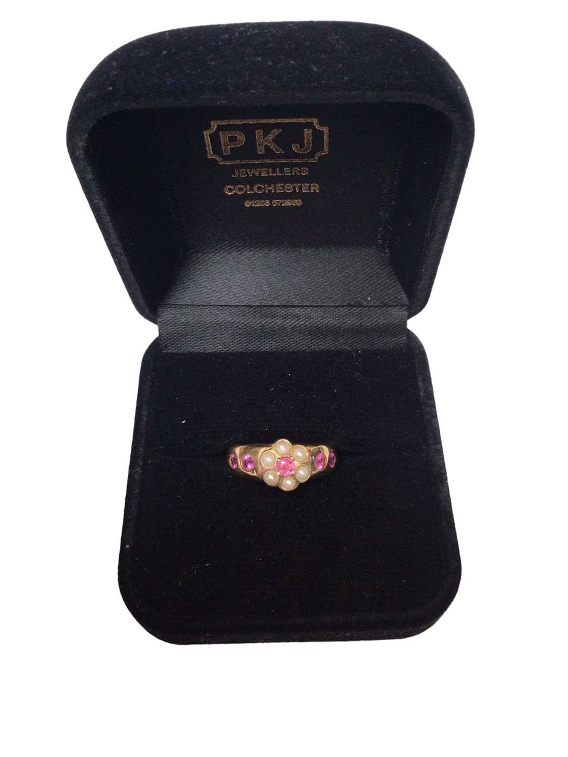 Antique style 18ct gold pink stone and seed pearl flower head ring