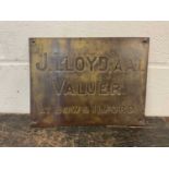 Cast brass sign - 'J. Lloyds, A.A.I. Valuer at Bow & Ilford', 30.5cm x 23cm
