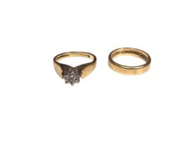 18ct gold diamond single stone ring in illusion setting and an 18ct gold wedding ring, both size I