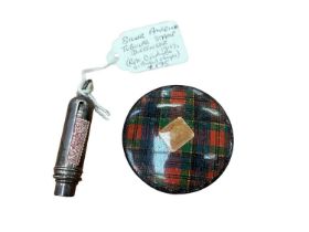 Late 19th century American Sterling silver cylindrical stamp dispenser and Tartan ware stamp box wit