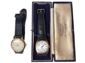 1930s 9ct gold cased W. Benson Longines wristwatch on leather strap, together with a gold plated Ing