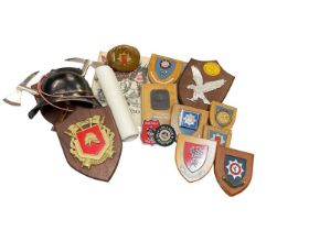 Collection of Fire Brigade plaques and crests including one constructed from half a fire helmet (1 b
