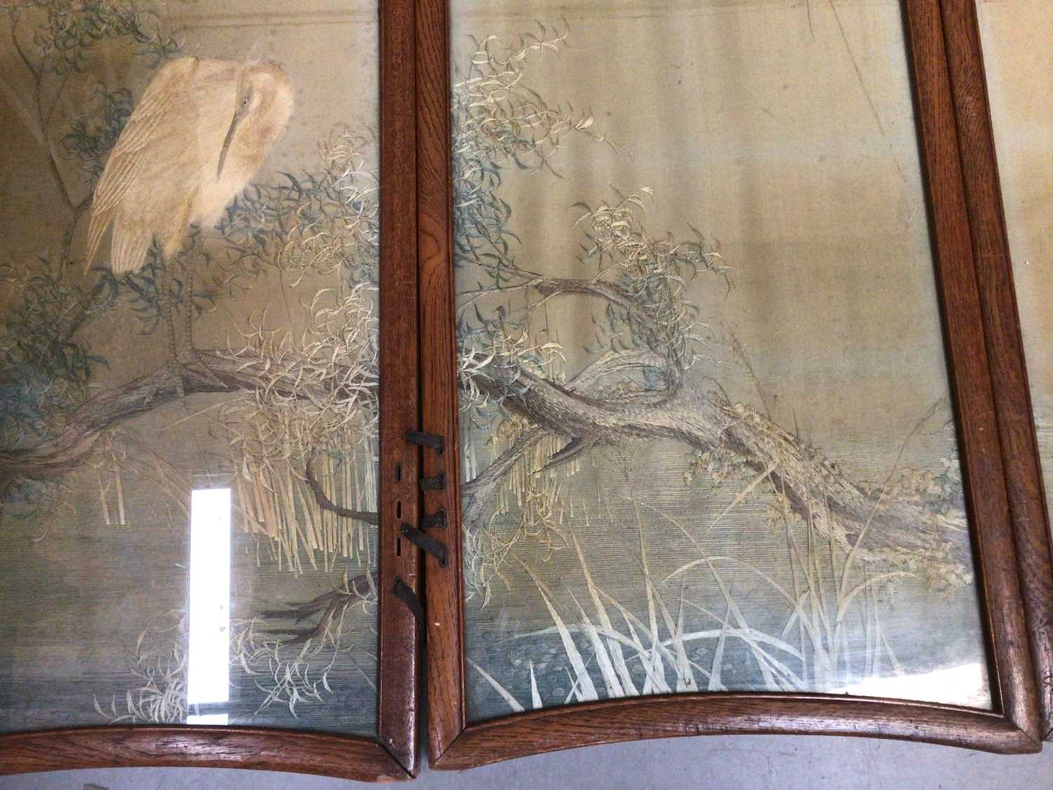 Four Japanese embroidered silk panels in oak interlacing frames making up a small folding screen, mu - Image 3 of 21