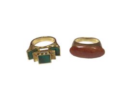 14ct gold malachite Chinese architectural design ring and 14ct gold orange hard stone ring