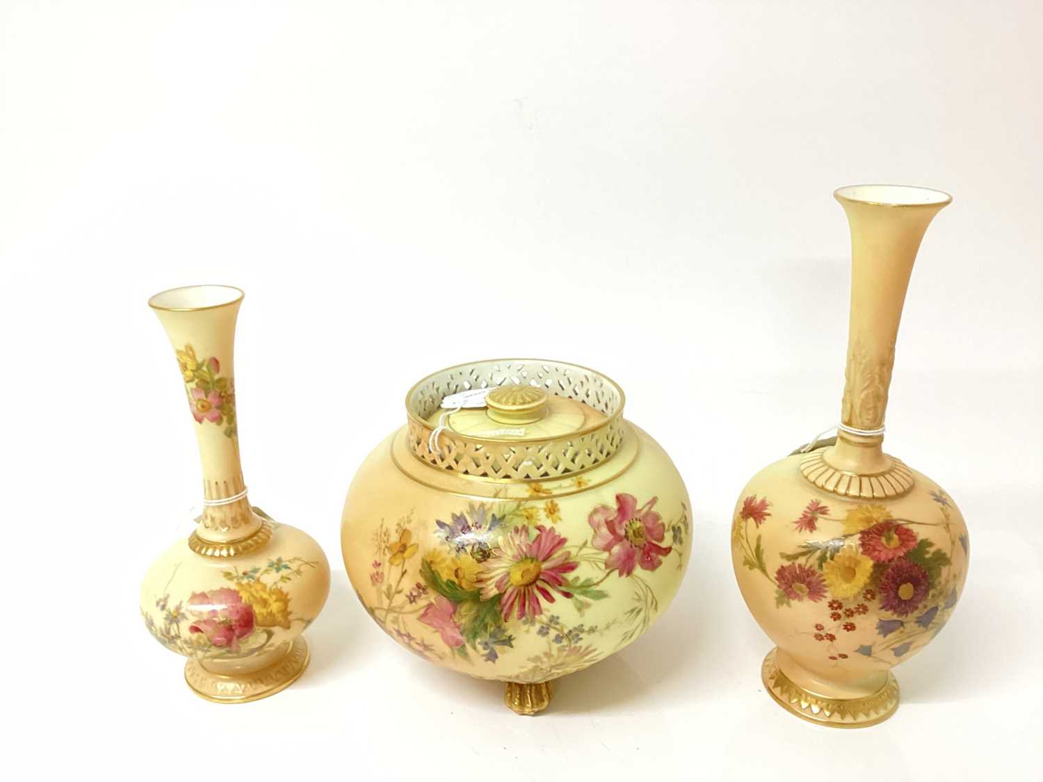 Royal Worcester blush ivory pot pourri and cover with gilded and floral decoration, 14cm high, toget