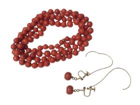 Antique coral bead necklace and pair of silver gilt (830) coral earrings
