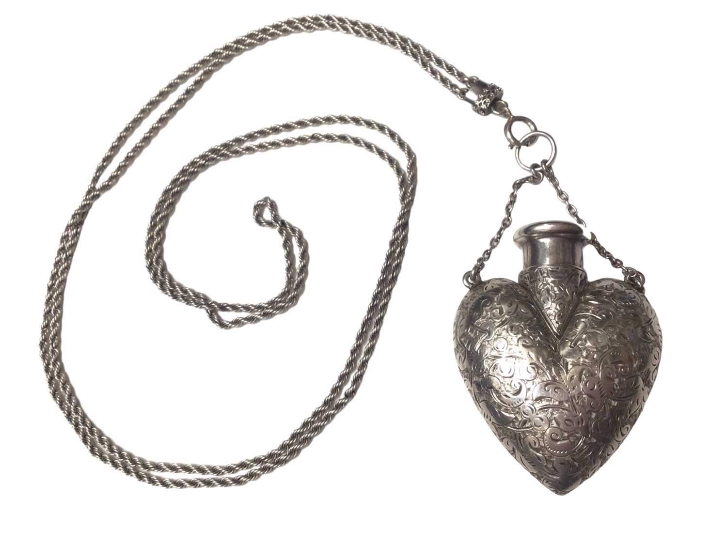 Late Victorian silver heart shaped scent bottle with engraved foliate decoration by Sampson Mordan,
