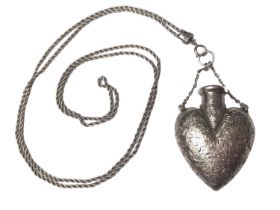 Late Victorian silver heart shaped scent bottle with engraved foliate decoration by Sampson Mordan,