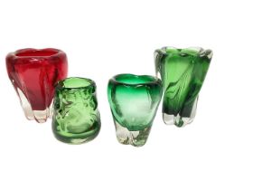 Three Whitefriars Meadow green vases including a knobby vase, 12.5cm high, together with a Ruby Mola