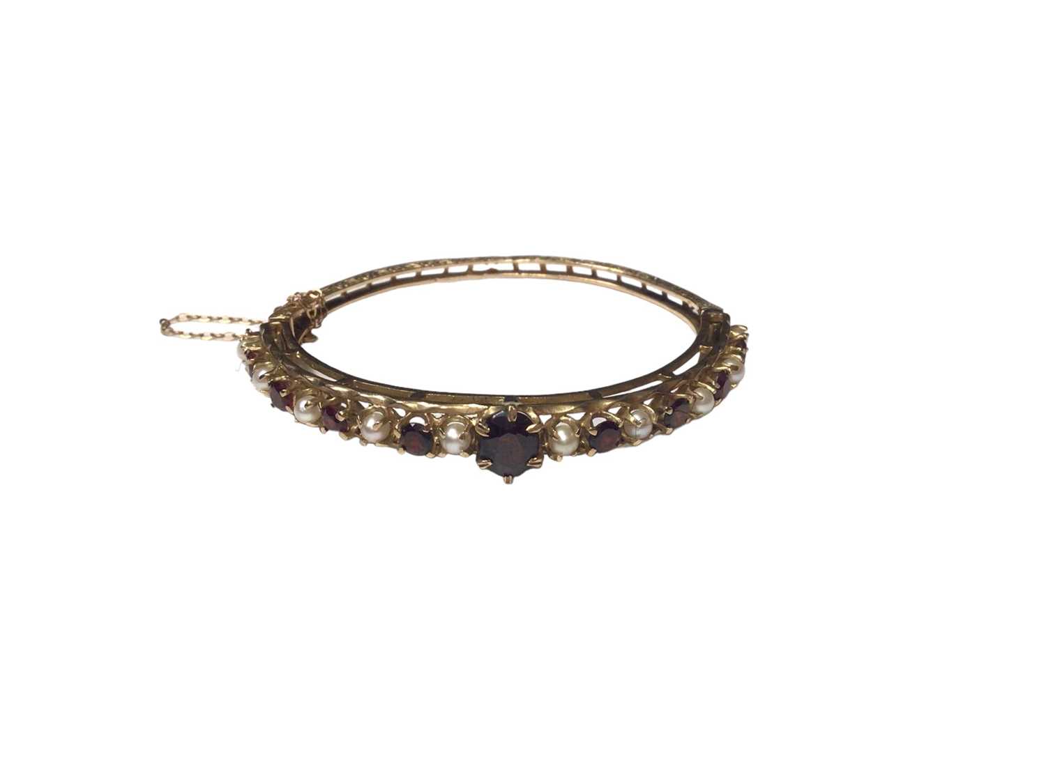 Victorian style 9ct gold garnet and cultured pearl hinged bangle