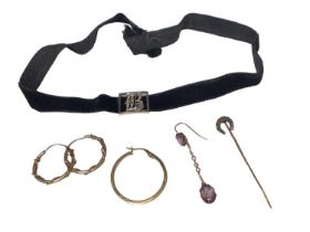 Antique diamond set buckle on a black ribbon choker, horse shoe stick pin, one amethyst and seed pea