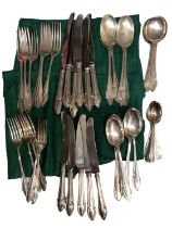 Canteen of silver plated cutlery in green felt bags, together with two large plated ladles and other