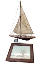Thames barge half model together with one other boat and old sepia photo of Cowes