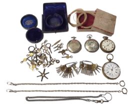 Collection of pocket watch winding keys, two watches boxes, other accessories and four pocket watche