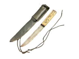 Hunting knife with rope bound grip and applied initials in leather sheath