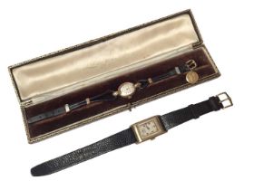 1930s gentlemen’s 9ct gold 'Derrick' wristwatch on leather strap and a 1940s ladies Longines 9ct gol